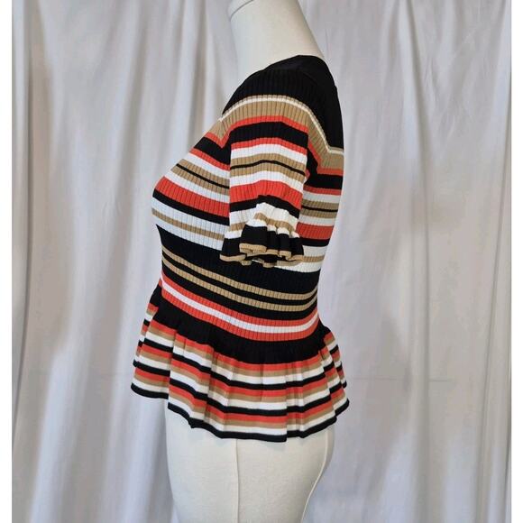Cinq à Sept Colorful Striped Ribbed Short Sleeve Peplum Top XS - Picture 7 of 10